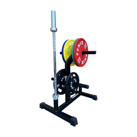 Rack vertical para discos olímpicos y 2 barras